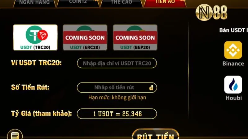 Giao diện rút tiền N88 hiển thị thông tin tài khoản rõ ràng